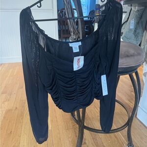 Chic Black Ruched Blouse with Sheer Sleeves